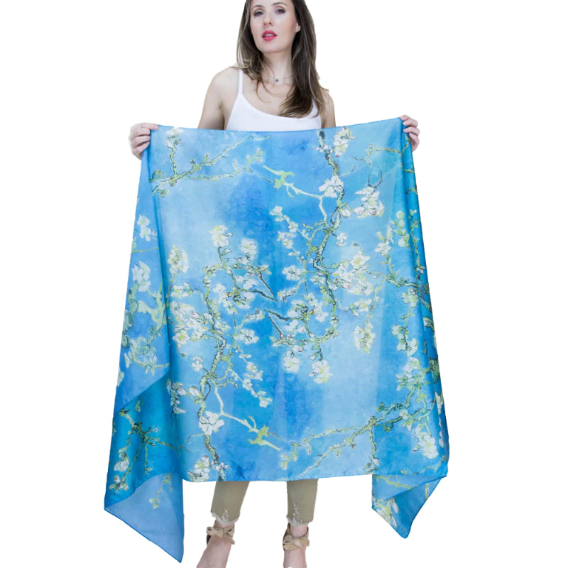 Blossom Satin Scarf, Teal Art Shawl, Handmade Wrap, Van Gogh Scarf, Floral Satin Shawl, Crafted Scarf, Artisan Shawl, Blossom Wrap, Satin Teal Scarf, Eco Art Scarf, Unique Teal Wrap, Spring Scarf, Painted Shawl