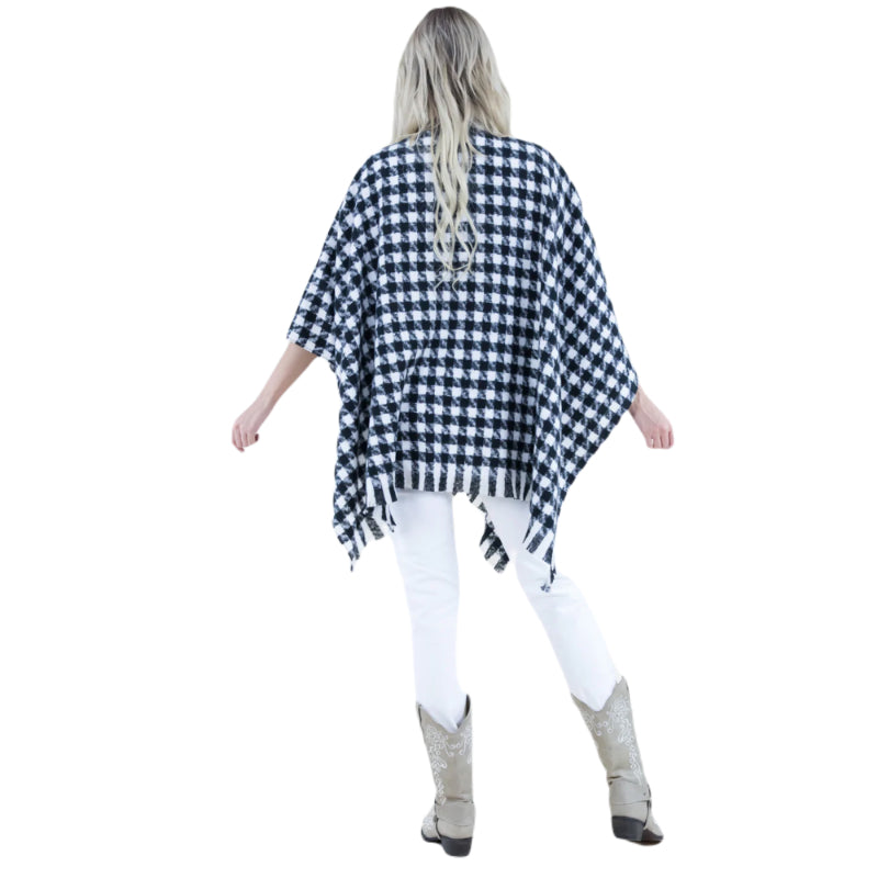 Ruana Wrap, Houndstooth, Poncho, Artisanal, Handcrafted, One Size, Black White, Versatile, Classic, Cozy, Boutique, Timeless, Elegant