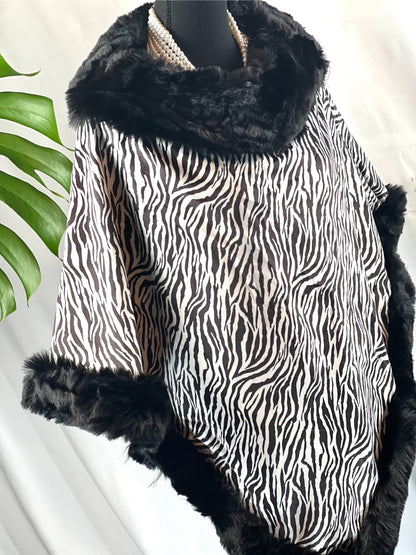 Zebra Poncho, Faux Fur Wrap, Suede Cape, Animal Shawl, Chic Poncho, Fur Trim Cape, Bold Zebra Wrap, Soft Faux Suede, Trendy Shawl, Black White Cape, Luxe Poncho, Statement Wrap, Elegant Coverup