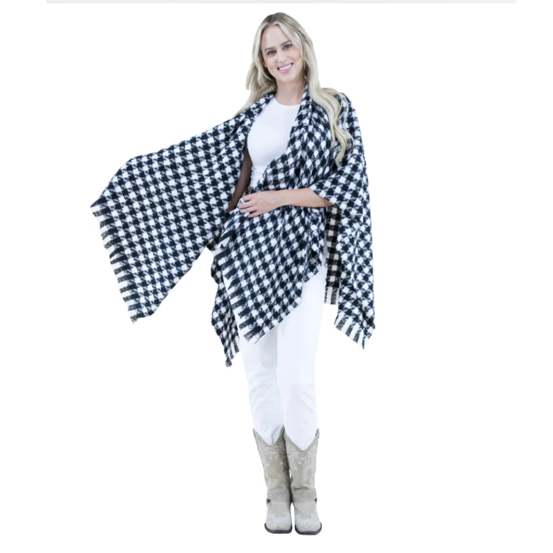 Ruana Wrap, Houndstooth, Poncho, Artisanal, Handcrafted, One Size, Black White, Versatile, Classic, Cozy, Boutique, Timeless, Elegant