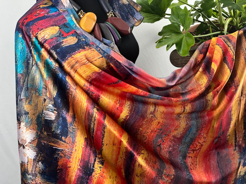 Sunset Art Scarf, Handpainted Shawl, Red Satin Wrap, Artisan Scarf, Dusk Satin Shawl, Twilight Scarf, Orange Scarf Wrap, Painted Satin, Eco Satin Scarf, Unique Dye Scarf, Watercolor Wrap, Evening Shawl, Crafted Scarf