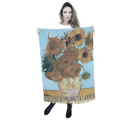 Sunflower ShawlVersatile Shawl,Art Print Scarf,Floral Accessory,Boho Chic Wrap,Nature Scarf,Eco-Friendly Scarf,Botanical Shawl,Painterly Scarf,Soft Fringed Wrap,Artisan Scarf,Seasonal Scarf,Unique Floral Wrap