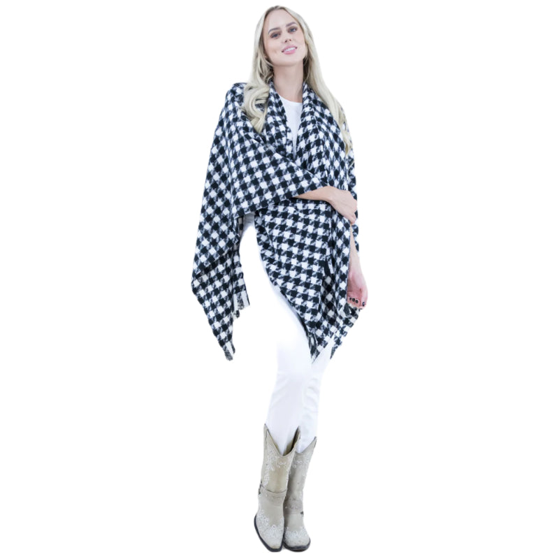 Ruana Wrap, Houndstooth, Poncho, Artisanal, Handcrafted, One Size, Black White, Versatile, Classic, Cozy, Boutique, Timeless, Elegant