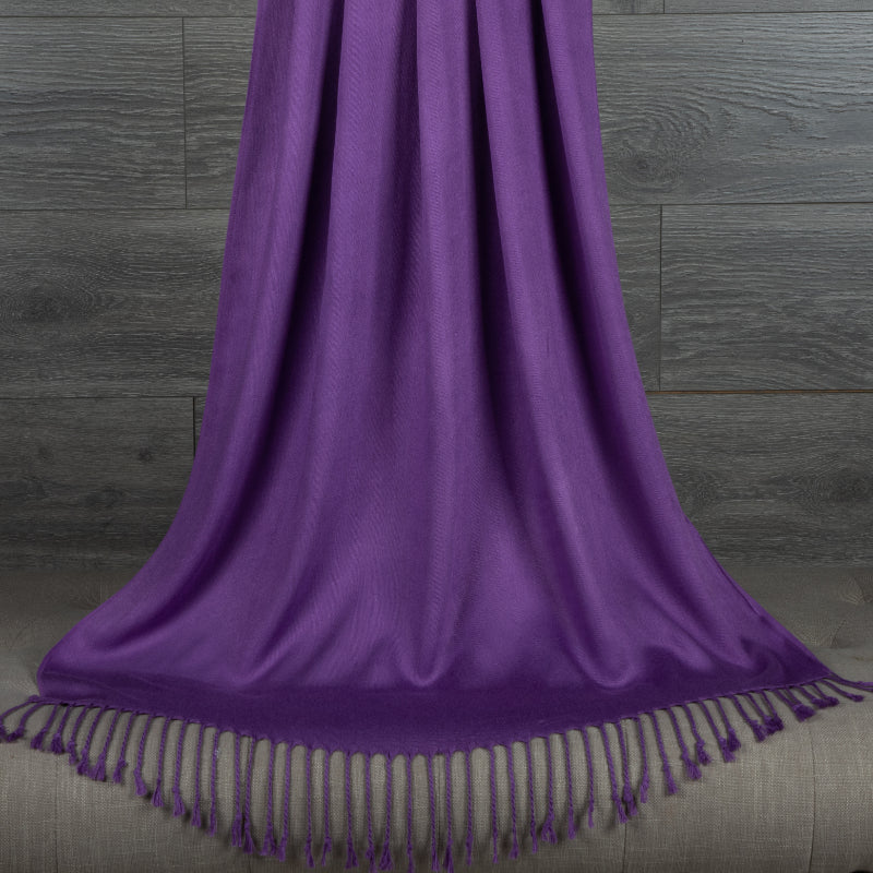 Purple Shawl, Pashmina, Cashmere-Feel, Elegant Fringe, Luxurious Wrap, Classic Accessory, Versatile Style, Deep Purple, Soft Warmth, Sophisticated Look, Quality Fabric, All-Season Comfort, Fashion Staple