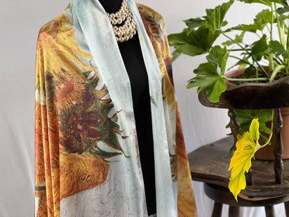 Sunflower Scarf, Satin Shawl, Turquoise Wrap, Handmade Scarf, Floral Shawl, Golden Wrap, Artisan Scarf, Vintage Scarf, Satin Wrap, Eco-Friendly Scarf, Elegant Shawl, Nature Scarf, Crafted Wrap