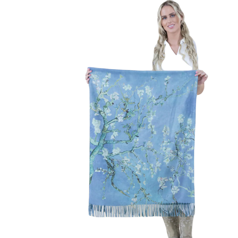 Blue Art Scarf, Blossom Print, Flowy Accessory, Silk Wrap, Elegant Drapery, Fashion Scarf, Statement Piece, Spring Fashion, Painterly Scarf, Vibrant Wear, Artistic Shawl, Chic Accessory, Blossom Pattern