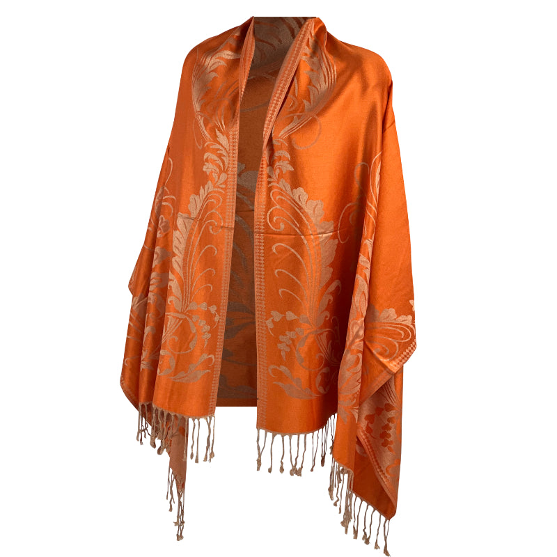 Orange Shawl, Pashmina Wrap, Cream Florals, Fringe Detail, Vibrant Accessory, Elegant Design, Luxurious Feel, Versatile Style, Warm Wrap, Statement Piece, Chic Elegance, Autumn Shawl, Timeless Fashion