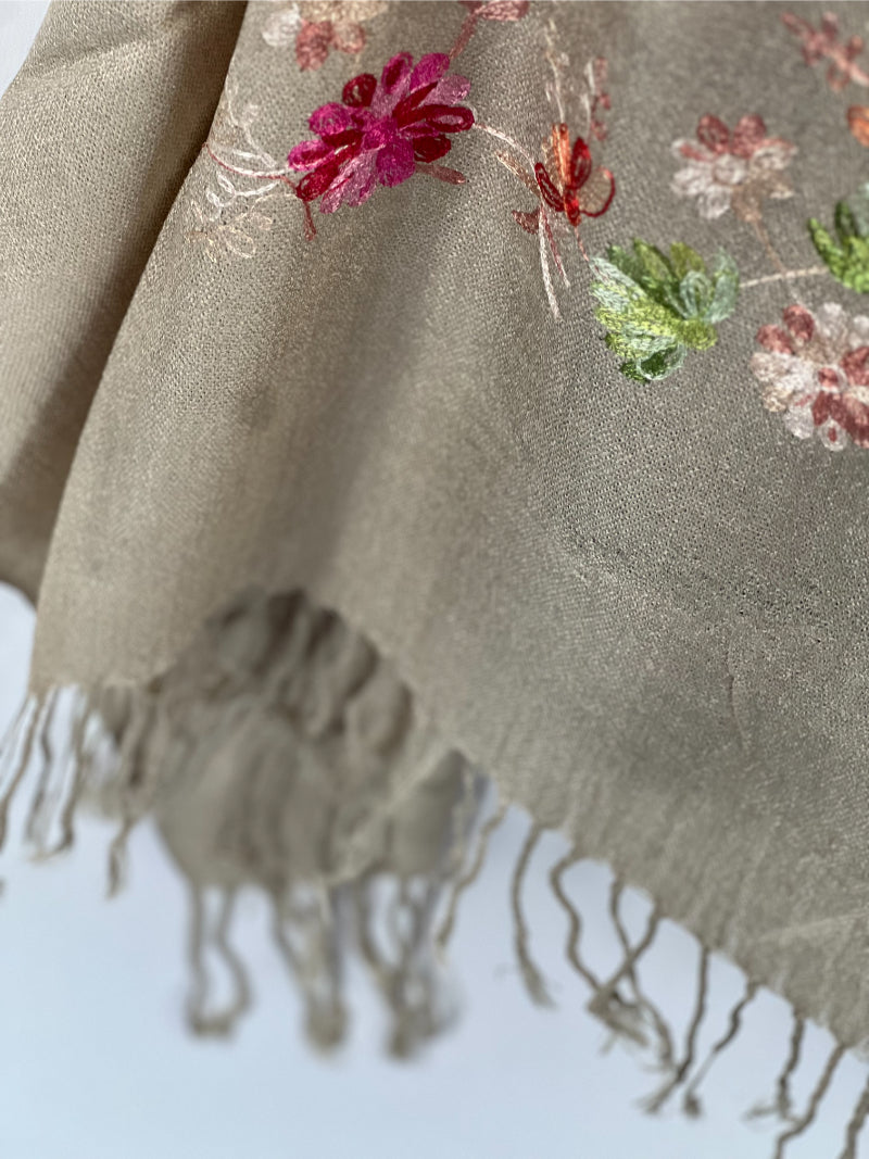 Embroidered Scarf, Floral Shawl, Gray Wool Wrap, Soft Fringe Scarf, Boho Chic Wrap, Artisan Scarf, Winter Accessory, Light Gray Scarf, Hand Stitched, Fashion Shawl, Bohemian Scarf, Gift for Her, Elegant Wrap