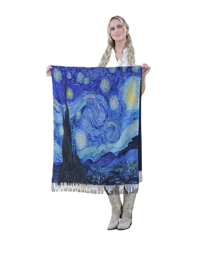 Van Gogh Scarf, Art Shawl, Night Wrap, Fringe Scarf, Star Scarf, Celestial Shawl, Crafted Wrap, Artisan Scarf, Sky Drapery, Boho Scarf, Vintage Wrap, Painter Scarf, Blue Art Shawl