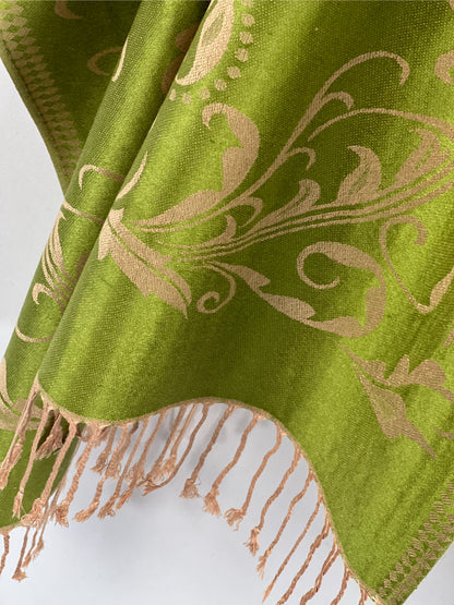 Green Pashmina, Cream Florals, Fringed Elegance, Shawl Wrap, Serene Accessory, Soft Luxury, Versatile Fashion, Nature-Inspired, Elegant Embellishment, Stylish Comfort, Traditional Craft, Contemporary Chic, Garden Fresh