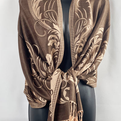 Brown Shawl, Pashmina Wrap, Tan Florals, Fringed Elegance, Elegant Layering, Classic Accessory, Sophisticated Style, Versatile Fashion, Timeless Design, Warm Comfort, Chic Wrap, Autumn Scarf, Luxe Texture