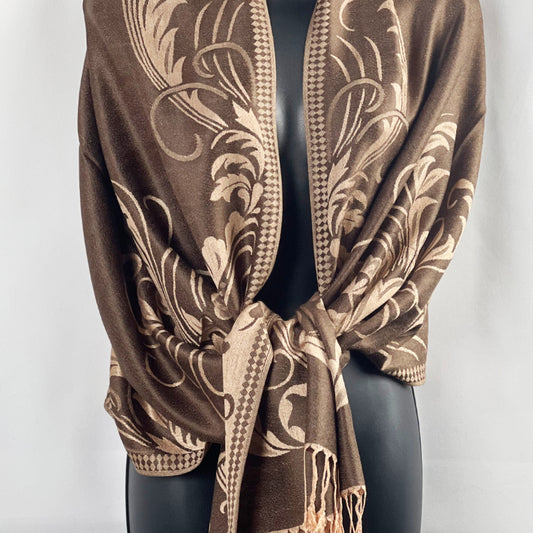 Brown Shawl, Pashmina Wrap, Tan Florals, Fringed Elegance, Elegant Layering, Classic Accessory, Sophisticated Style, Versatile Fashion, Timeless Design, Warm Comfort, Chic Wrap, Autumn Scarf, Luxe Texture