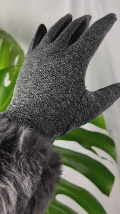 Charcoal Gray Knit Gloves with Luxe Faux Fur Cuffs - Touchscreen Compatible Winter Wear for Women