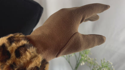 Classic Camel Suede Gloves with Bold Leopard Print Faux Fur Cuffs - Chic Winter Accessory for Women