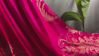 Vivid Hot Pink Pashmina Shawl with Gold Floral Embellishments – Glamorous Fringe Wrap