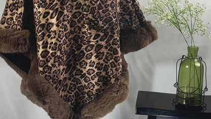 Luxurious Leopard Print Suede Poncho with Faux Fur Trim - One Size Chic Statement Cape for Women