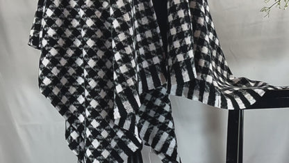 Elegant Houndstooth Ruana Wrap - Versatile Black & White Poncho - One Size Fits All