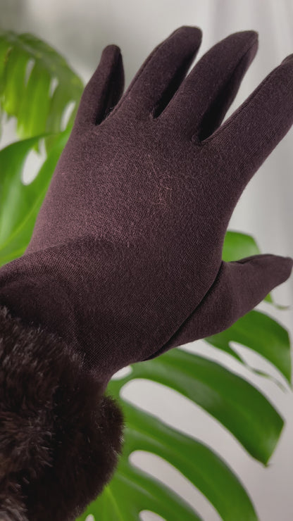 Elegant Mocha Brown Knit Gloves with Luxurious Faux Fur Cuffs - Sophisticated Winter Accessory for Women